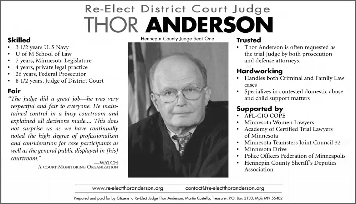 Print advertisement for Thor Anderson's 2004 general election campaign for Fourth District Court Judge.
