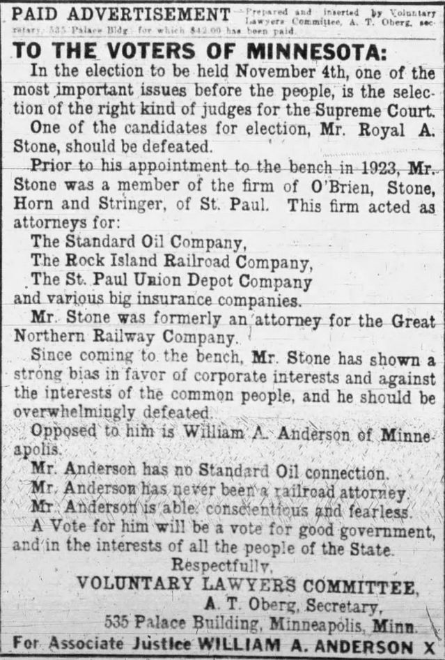 Print advertisement supporting William A. Anderson's 1924 general election campaign for Associate Justice of the Supreme Court.