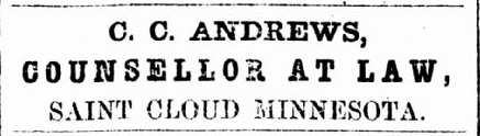 Print advertisement for C.C. Andrews' law practice.