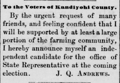 Public notice of John Q. Andrews' independent candidacy for HD 36 in 1882.