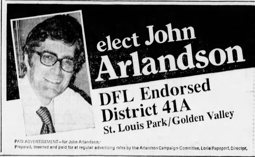 Print advertisement for John Arlandson's 1974 general election campagin for HD 41A.