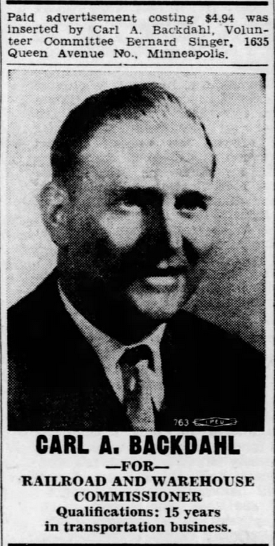 Print advertisement for Carl A. Backdahl's 1952 Republican primary campaign for Railroad and Warehouse Commissioner.