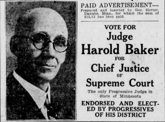 Print advertisement for Harold Baker's 1924 primary campaign for Chief Justice of the Supreme Court.