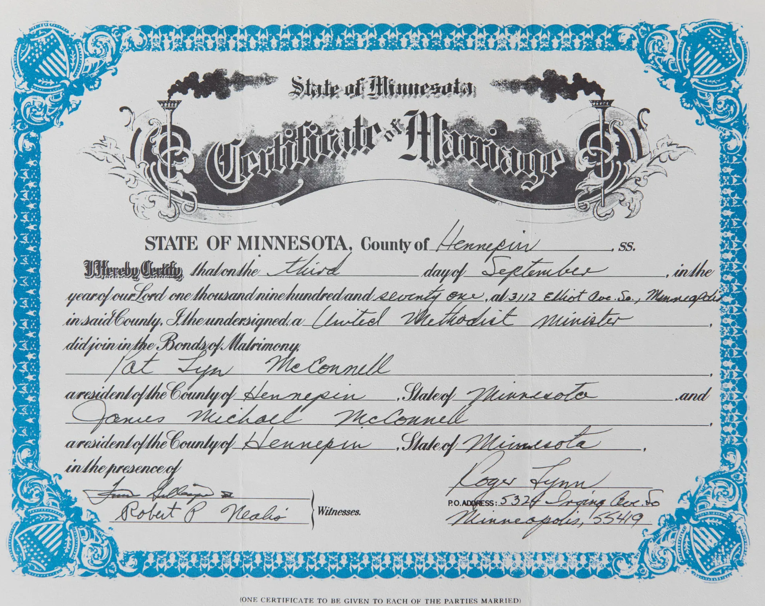Marriage certificate of Jack Baker (aka Pat Lynn McConnell) and Michael McConnell.