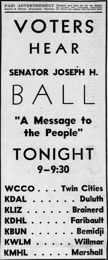 Print advertisement for Joseph H. Ball speech during his 1948 U.S. Senate general election campaign.