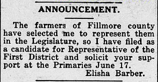Print advertisement and announcement for Elisha Barber's HD 01 primary campaign in 1918.