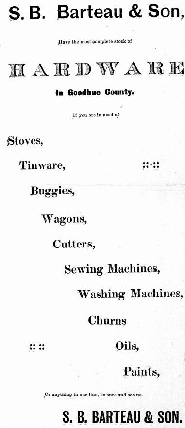 Print advertisement for Stephen and Sid Barteau's hardware store.