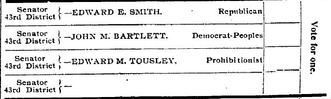 Ballot for 1898 State Senate District 43 general election.