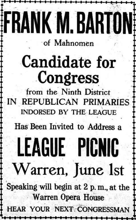 Print advertisement for Frank M. Barton's 1918 9th CD primary campaign.