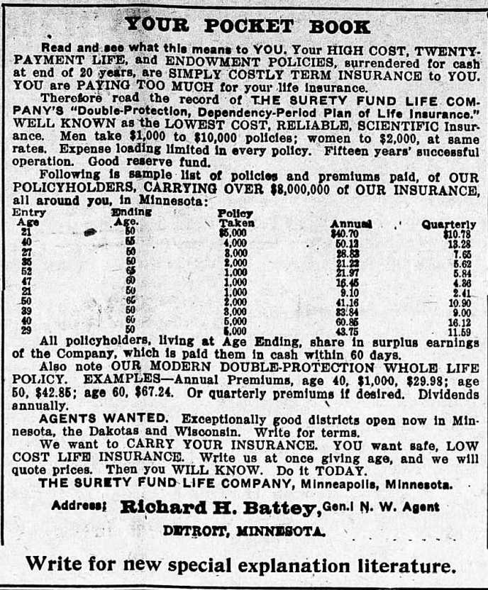 Print advertisement for Richard H. Battey's life insurance company.