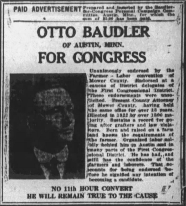 Print advertisement for Otto Baudler's 1924 1st CD primary campaign.