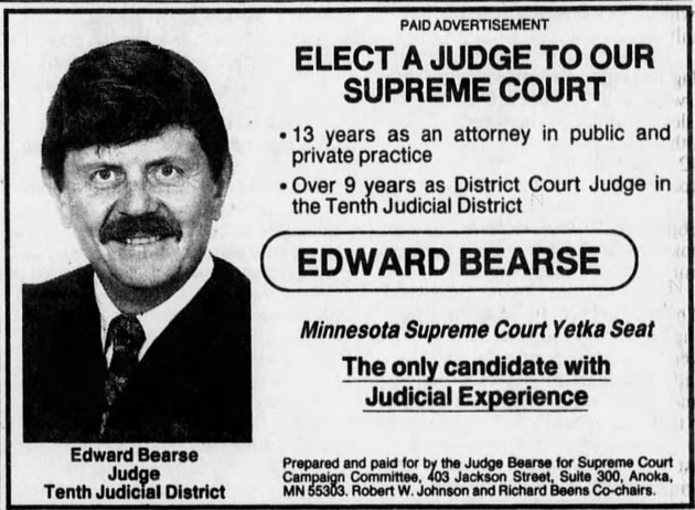 Print advertisement for Edward Bearse's 1992 primary campaign for Associate Justice of the Supreme Court.