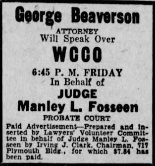 Print advertisement for an event featuring George Beaverton on behalf of Judge Manley L. Fosseen's 1932 campaign for Probate Court Judge.