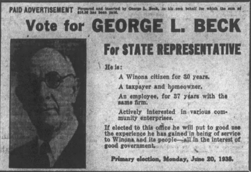 Print advertisement for George L. Beck's 1938 primary campaign for HD 02.