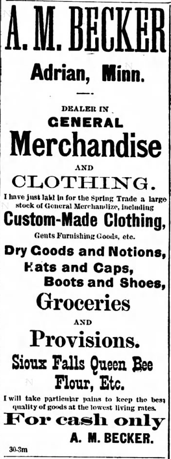 Print advertisement for A.M. Becker's general store.