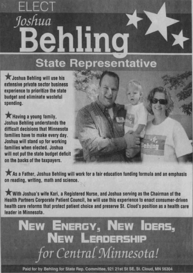Print advertisement for Joshua Behling's 2008 HD 15B general election campaign.