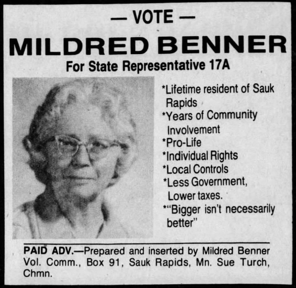 Print advertisement for Mildred Benner's 1976 HD 17A Independent-Republican primary campaign.
