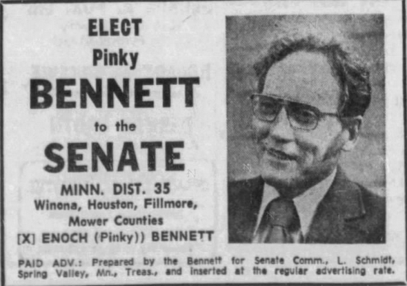 Print advertisement for Enoch (Pinky) Bennett's 1972 SD 35 general election campaign.