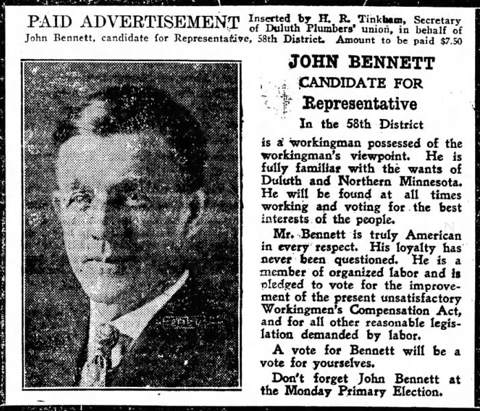 Print advertisement for John Bennett's 1918 HD 58 primary campaign.