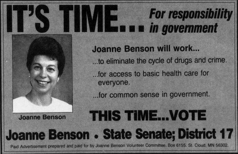 Print advertisement for Joanne Benson's 1990 SD 17 general election campaign.