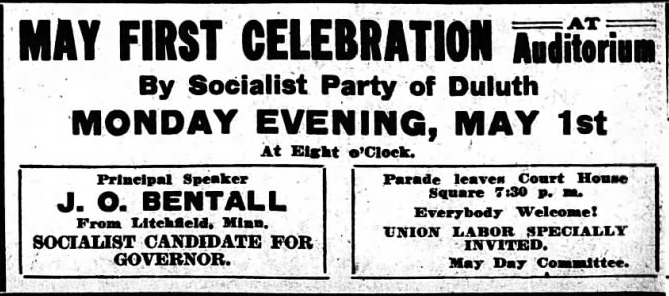 Print advertisement for speaking engagement of J.O. Benthall during 1916 Socialist gubernatorial campaign.