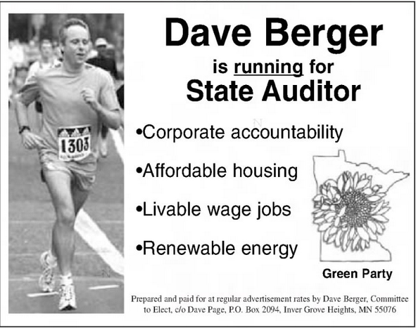 Print advertisement for Dave Berger's 2002 Green Party campaign for state Auditor.