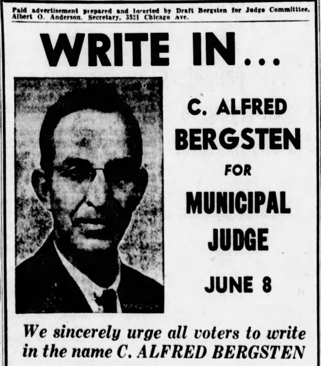 Print advertisement (detail) of C. Alfred Bergsten's 1953 write-in campaign for Minneapolis Municipal Judge.