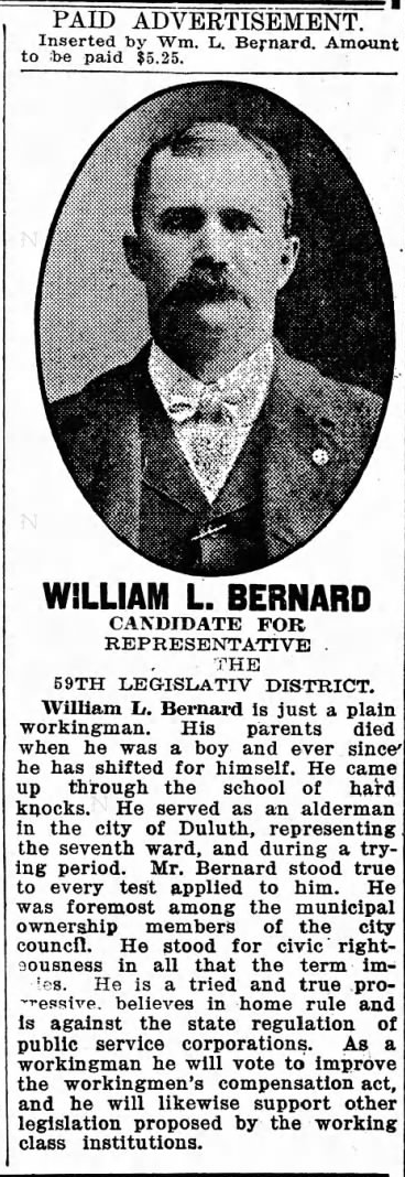 Print advertisement for William L. Bernard's 1914 HD 59 general election campaign.