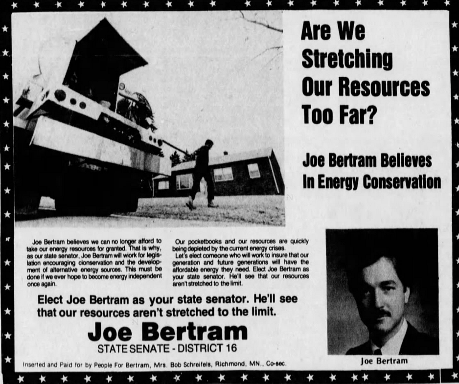 Print advertisement for Joe Bertram's 1980 SD 16 general election campaign.
