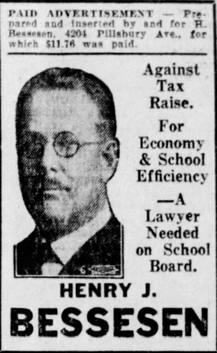 Print advertisement for Henry J. Bessesen's 1931 Minneapolis School Board campaign.
