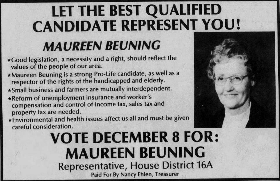 Print advertisement for Maureen Beuning's 1986 HD 16A special Independent-Republican primary campaign.