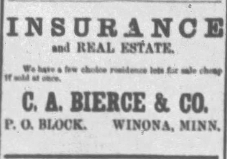 Print advertisement for C.A. Bierce's insurance and real estate business.