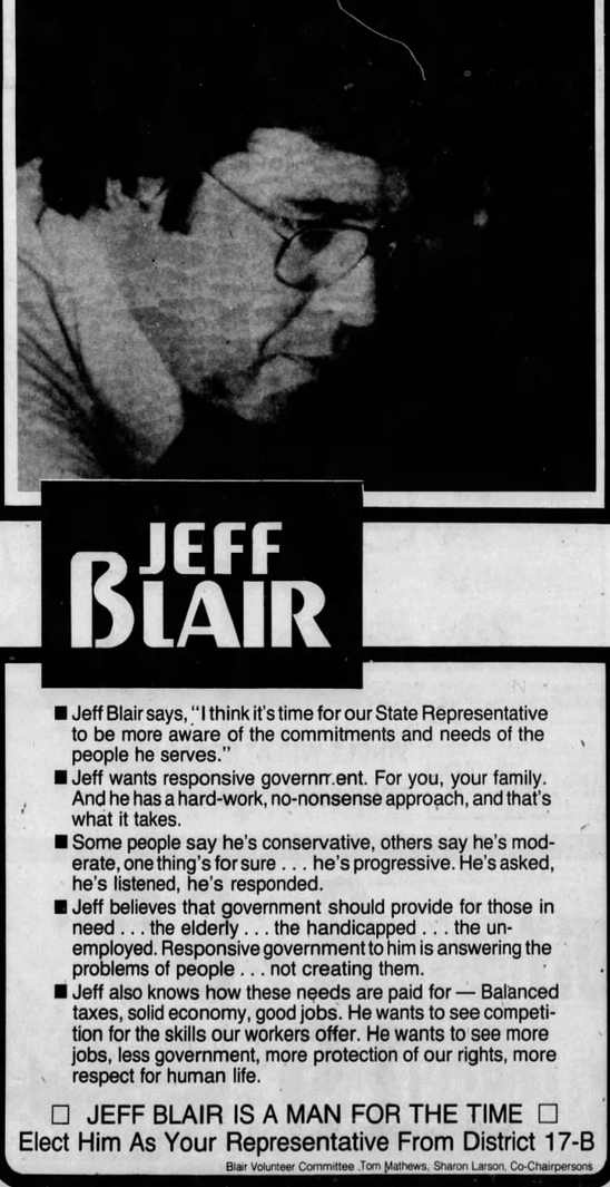 Print advertisement for Jeff Blair's 1976 HD 17B general election campaign.