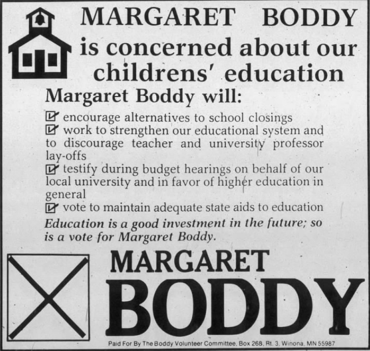 Print advertisement for Margaret P. Boddy's 1982 SD 34 general election campaign.