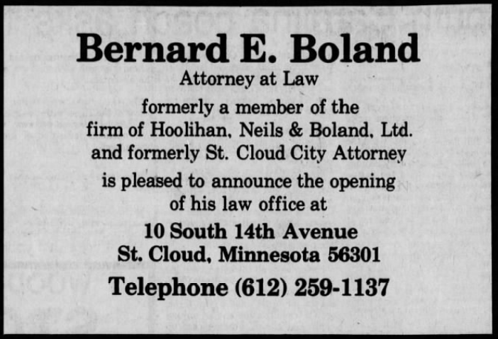 Print advertisement for Bernard Boland's new law firm following his HD 17B general election defeat in 1980.