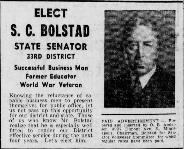 Print advertisement for S.C. Bolstad's 1938 SD 33 general election campaign.