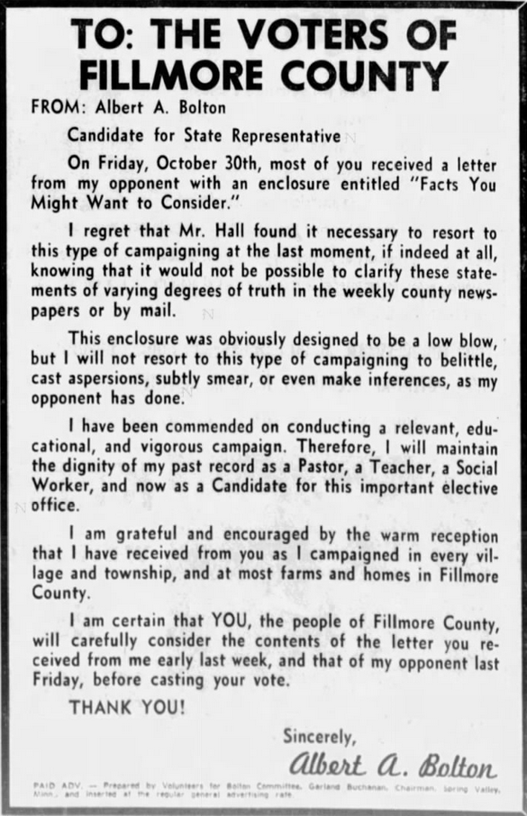 Print advertisement of Albert A. Bolton's 1964 HD 01 general election campaign.