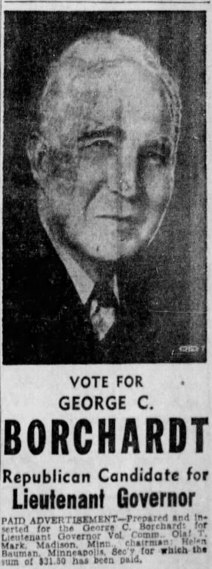Print advertisement for George Borchard's 1940 Republican primary campaign for Lieutenant Governor.