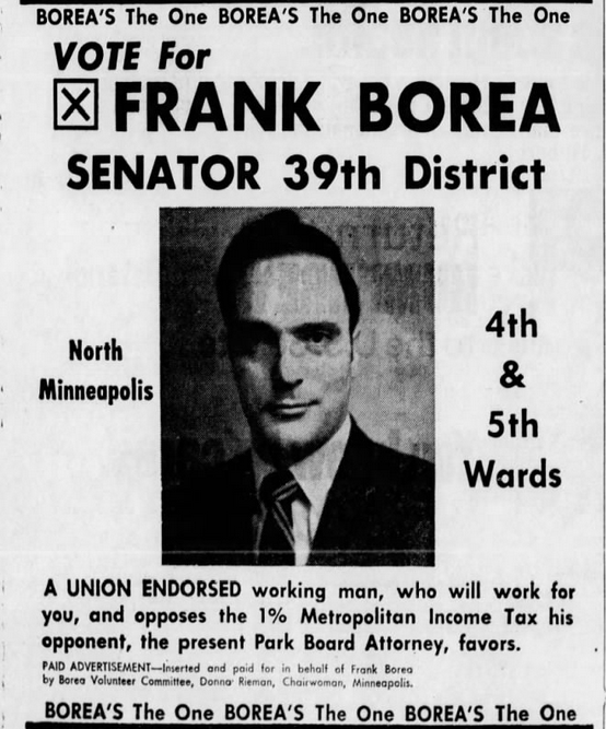 Print advertisement for Frank Borrea's 1970 SD 39 general election campaign.