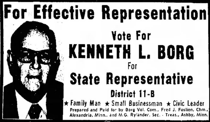 Print advertisement for Kenneth Borg's 1972 HD 11B general election campaign.