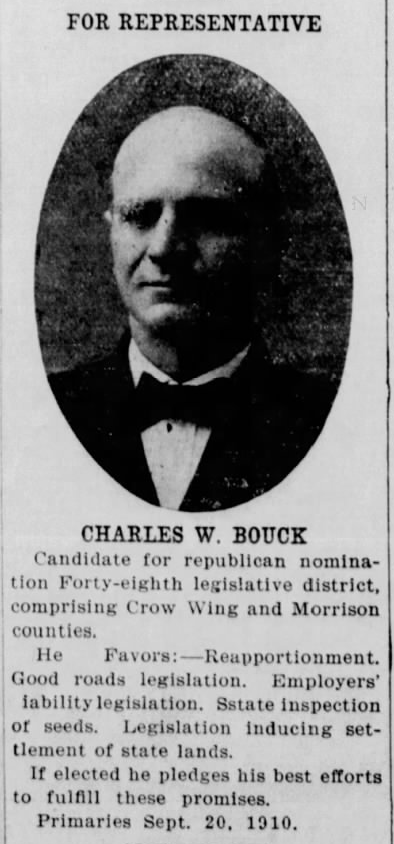 Print advertisement for Charles W. Bouck's 1910 HD 48 Republican primary election campaign.