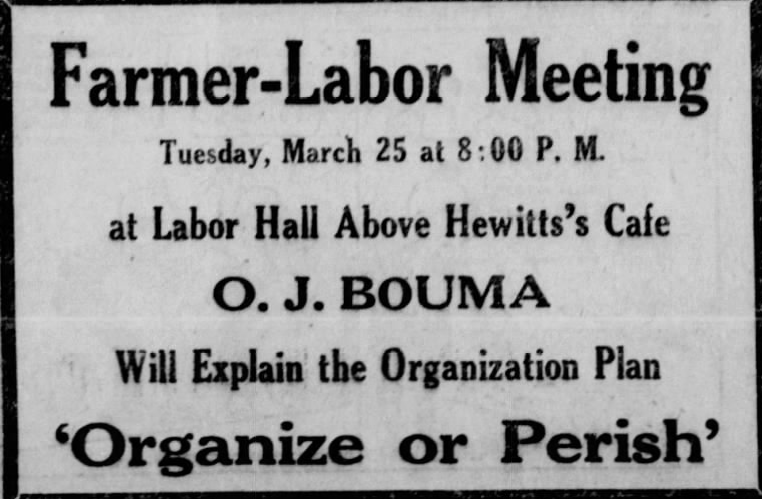 Print advertisement for O.J. Bouma before launching 1924 6th CD congressional campaign.