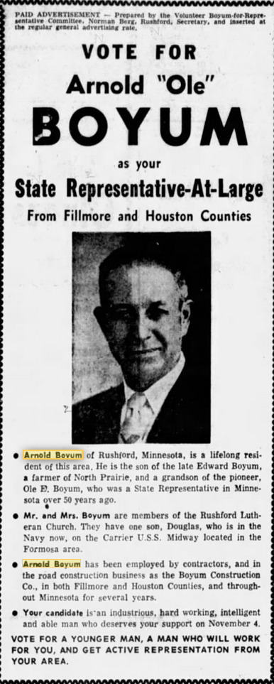 Print advertisement for Arnold Boyum's 1958 HD 01 general election campaign.