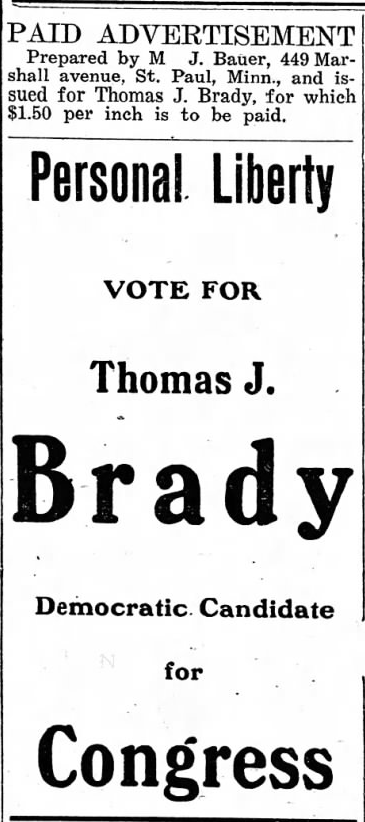 Print advertisement for Thomas J. Brady's 1920 CD 04 general election campaign.