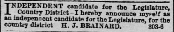 Print candidacy announcement for Horace J. Brainard in HD 24 in 1880.