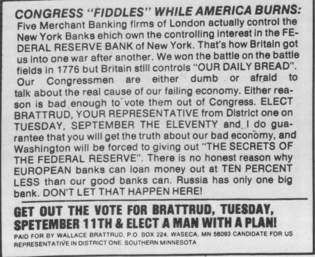 Print advertisement for Wallace C. Brattrud's 1984 1st CD DFL primary campaign.