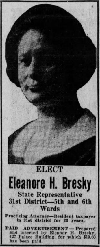 Print advertisement for Eleanor H. Bresky's 1926 HD 31 primary election campaign.