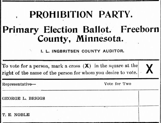 Sample ballot for the 1906 HD 09 Prohibition primary in Freeborn County.