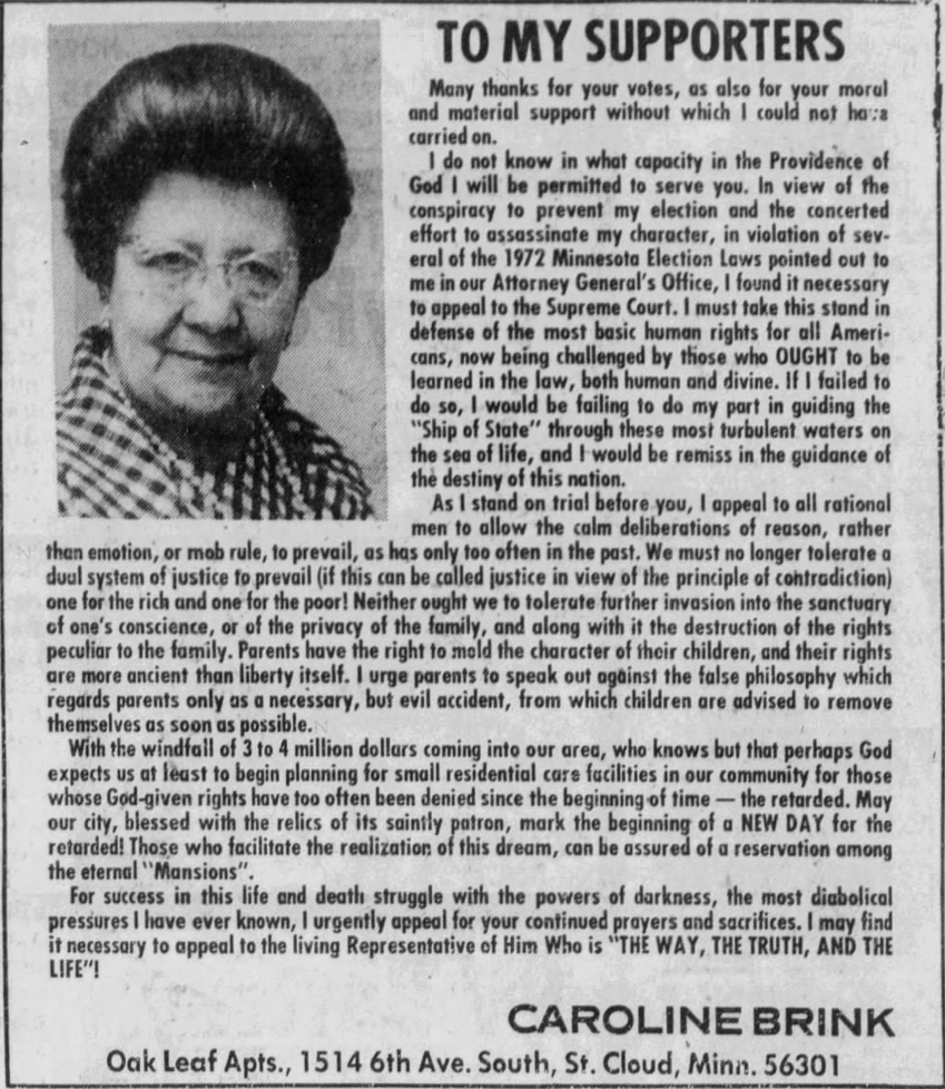 Print advertisement of Mrs. Caroline Brink's 1972 HD 17B primary campaign.