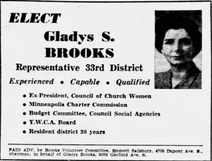 Print advertisement for Gladys S. Brook's 1950 HD 33 general election campaign.
